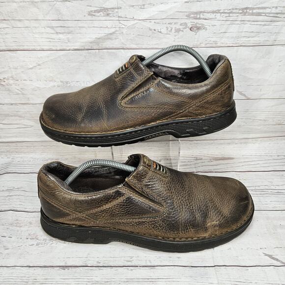 B36 Merrell World Legend Dark Earth Shoe Men Sz 11 Brown Leather Slip On J45197 - Picture 1 of 8